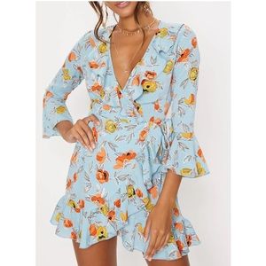 PLT Turquoise Floral Frill Wrap Dress